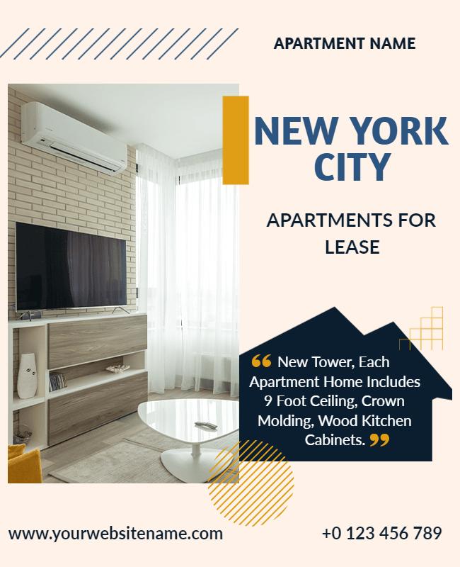 New York City apartment lease flyer with cityscape images and essential apartment details.