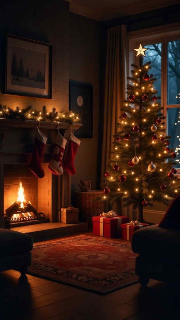Nighttime Cozy Fireplace and Tree Glow Background