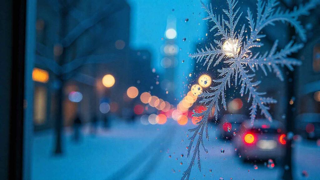 Nighttime Frosted Window With City Lights Background