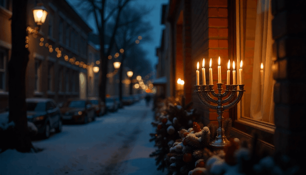nighttime hanukkah outdoor display