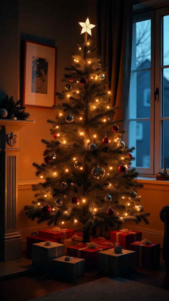 Nighttime Tree With Glowing Gifts Background