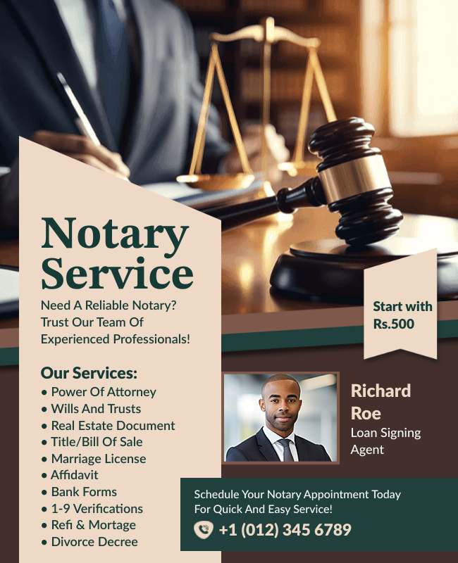 Basic notary flyer with clear contact details, pricing, and service types.