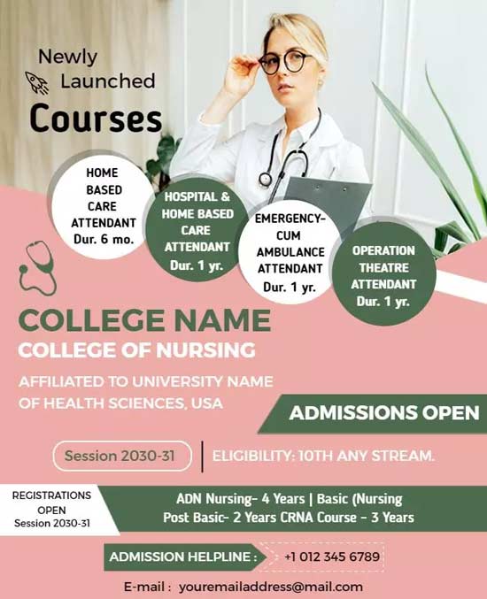 Nursing College Courses Flyer Highlighting Programs, Enrollment Details, And Career Opportunities