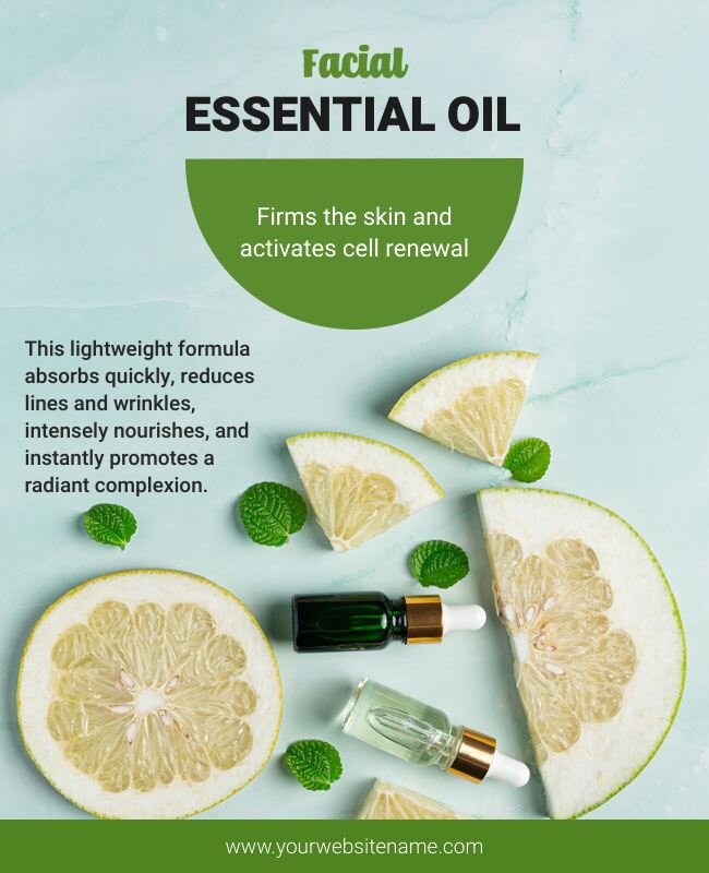 Green-themed essential oils flyer with a natural and soothing aesthetic.