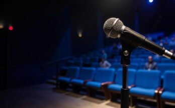 Microphone on a stand with a blurred audience in the background