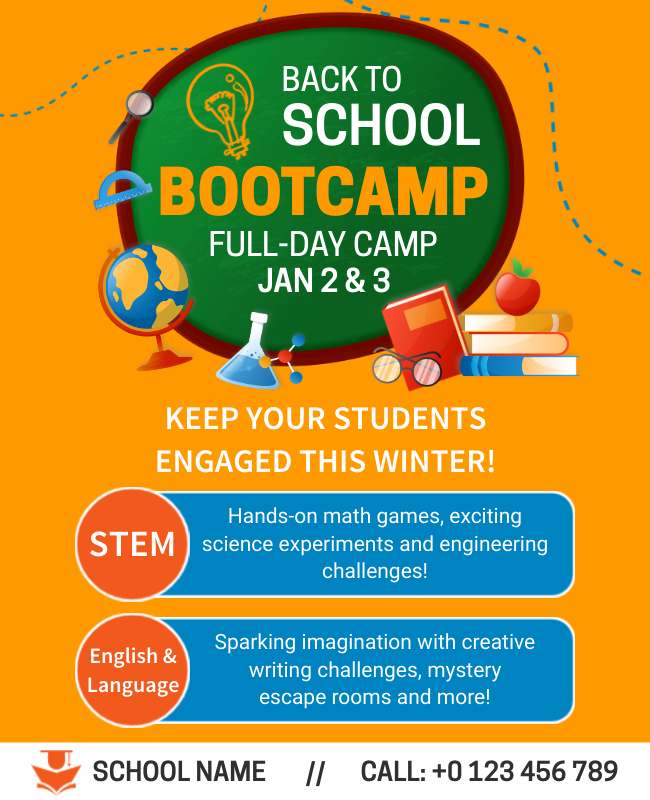 Bright back-to-school bootcamp  with activities and group sign-up incentives on flyer.