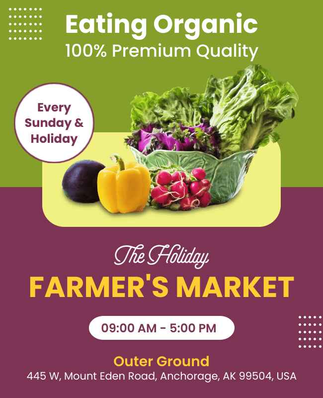 Holiday-themed farmers market flyer with organic produce and festive design elements.