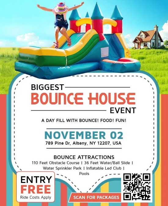 Outdoor Bounce House Event Flyer Featuring Fun Graphics and Event Details