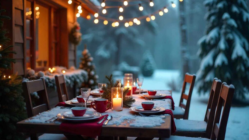 Outdoor Christmas Dinner Under Lights Background