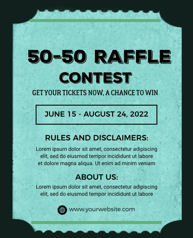 50-50 raffle flyer with event title, details, and prize information 