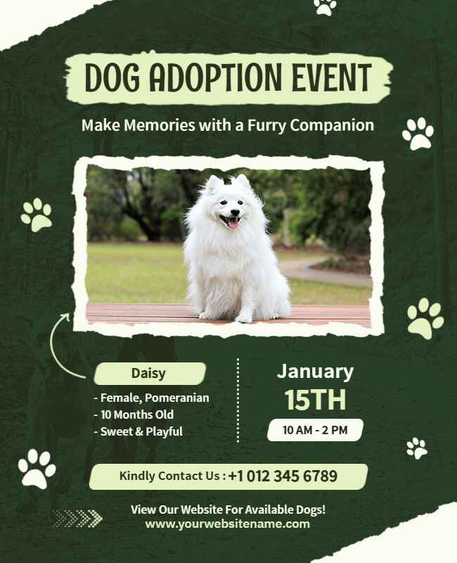 Paper-style dog adoption flyer with vintage design elements.