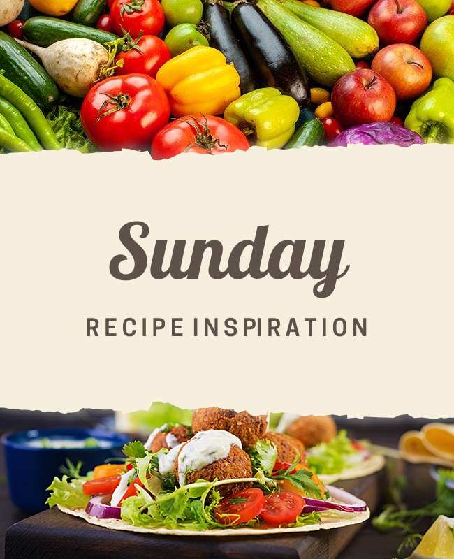 Paper flyers featuring fresh Sunday recipes with vibrant vegetables and easy cooking tips