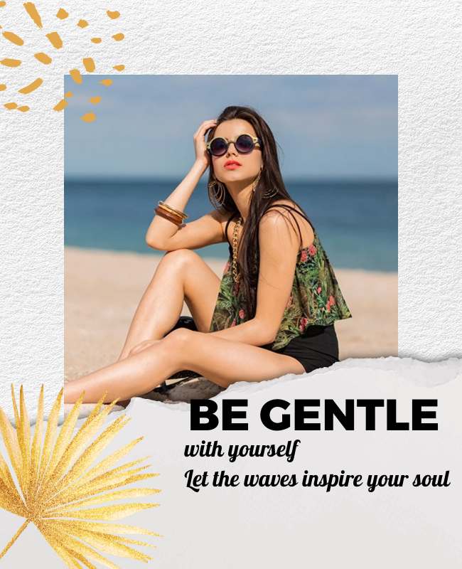 Paper flyer featuring a serene beach scene with an inspiring quote, perfect for promoting relaxation and mindfulness