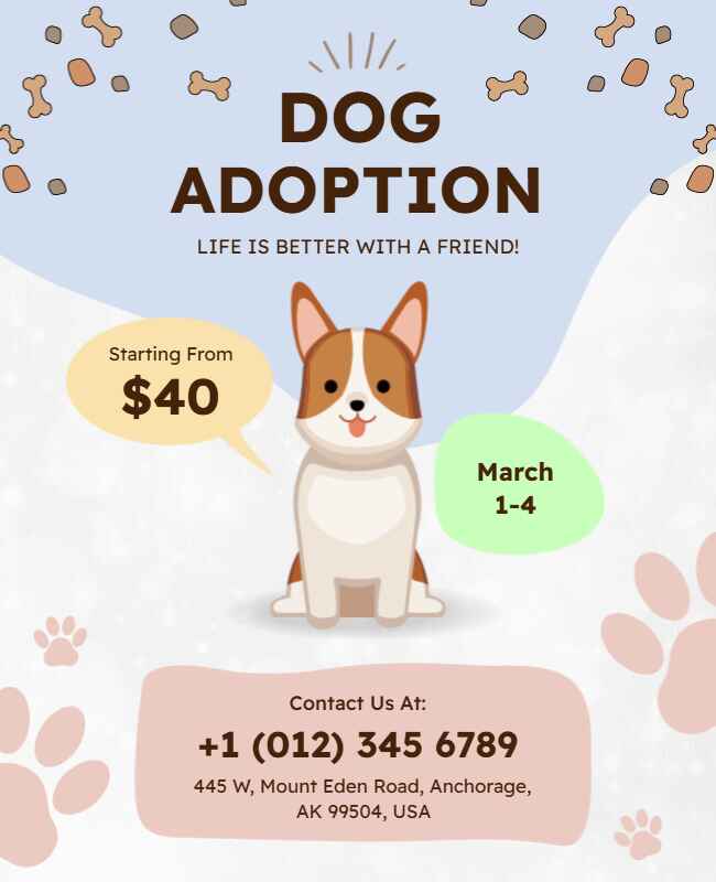 Pastel dog adoption flyer with soft visuals and info.