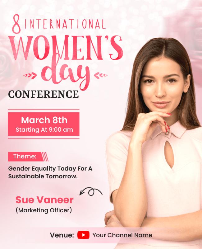 A vibrant flyer promoting an International Women’s Conference, showcasing empowering themes and professional design.