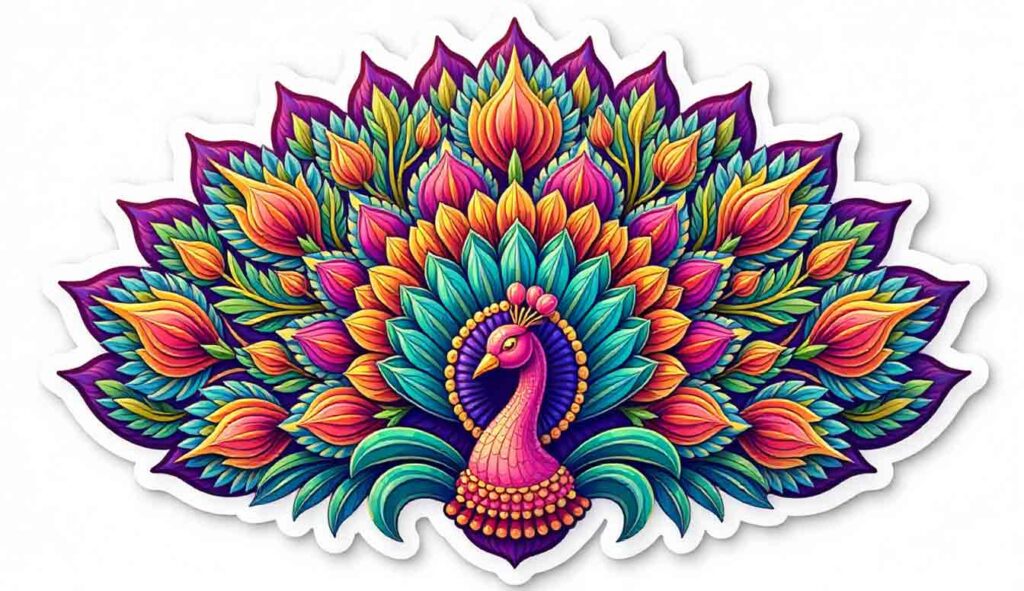 peacock motif with flowing feathers