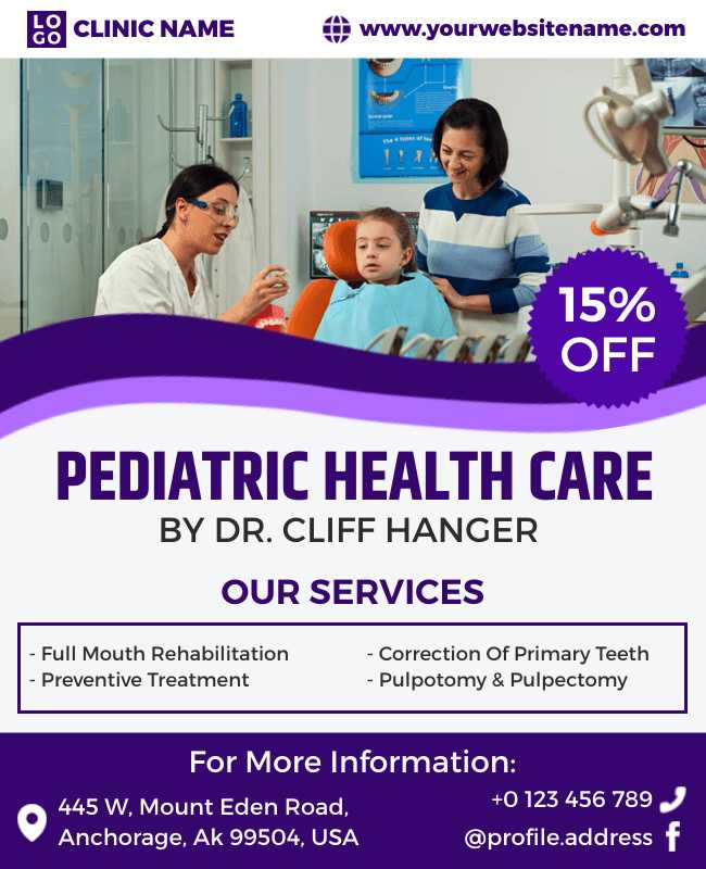 Healthcare flyers with playful design promoting pediatric checkups and vaccinations.