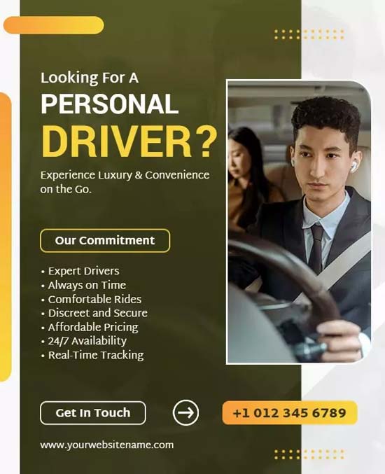 Personal Driver Service Promotion Flyer Showcasing Reliable Transportation