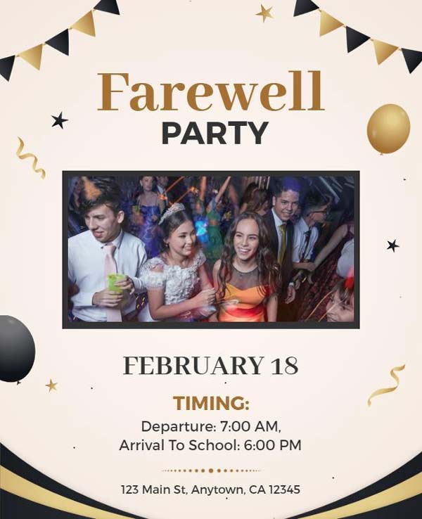 Personalized farewell party flyer with event details and custom design elements.