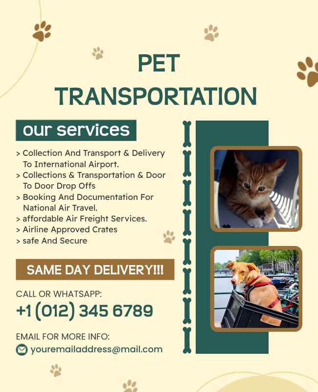 Light Yellow Pet Transportation Services Flyer Template