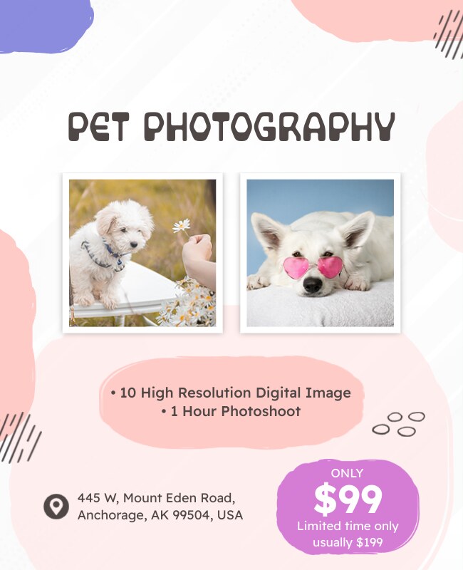 A flyer advertising professional pet photography services.