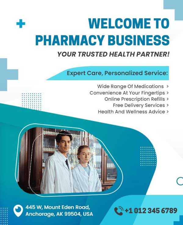 Pharmacy Business Promotional Services Flyer Showcasing Details and Health Services