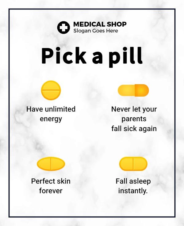 Pharmacy Promotional Flyer Showcasing a Selection of Pills and Health Products