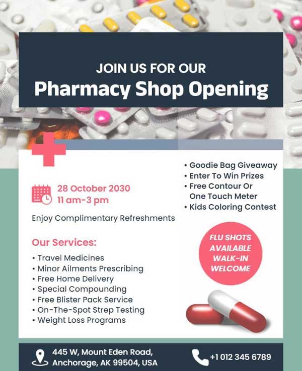 Pharmacy Shop Opening Event Flyer Featuring Grand Opening Details and Special Offers