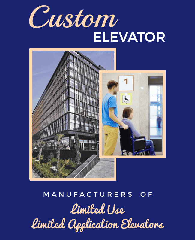 Elevator manufacturers flyer with a dynamic photo collage layout.