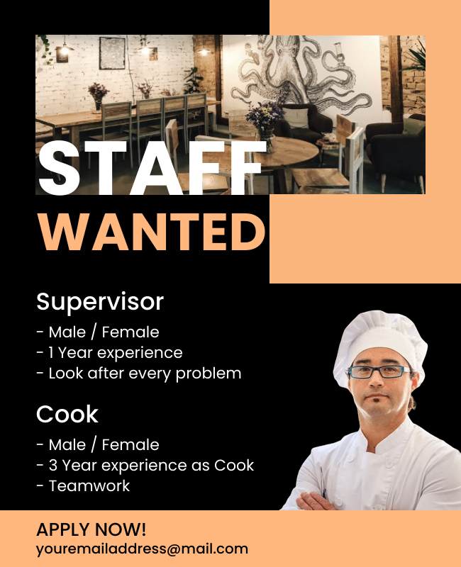 A vibrant flyer designed by a local restaurant to promote a chef position, featuring bold colors.