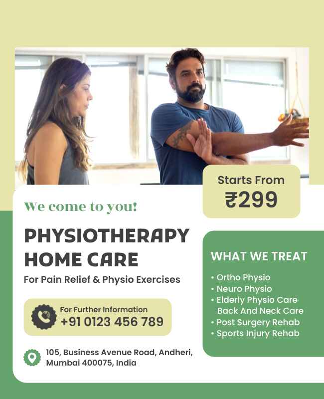 Physiotherapy home care flyer with blue tones and caregiver visuals.