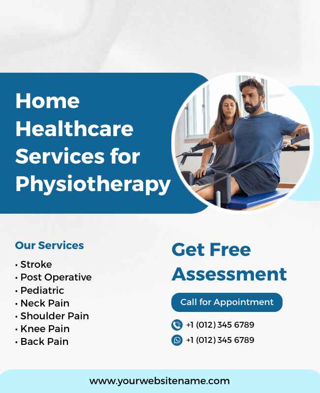 Physiotherapy flyer for home services with modern design and client imagery.