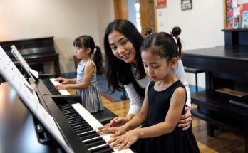 A piano teacher guiding a young girl