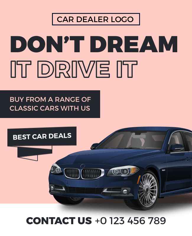 Pink and white flyer promoting car dealership sales with eye-catching design.