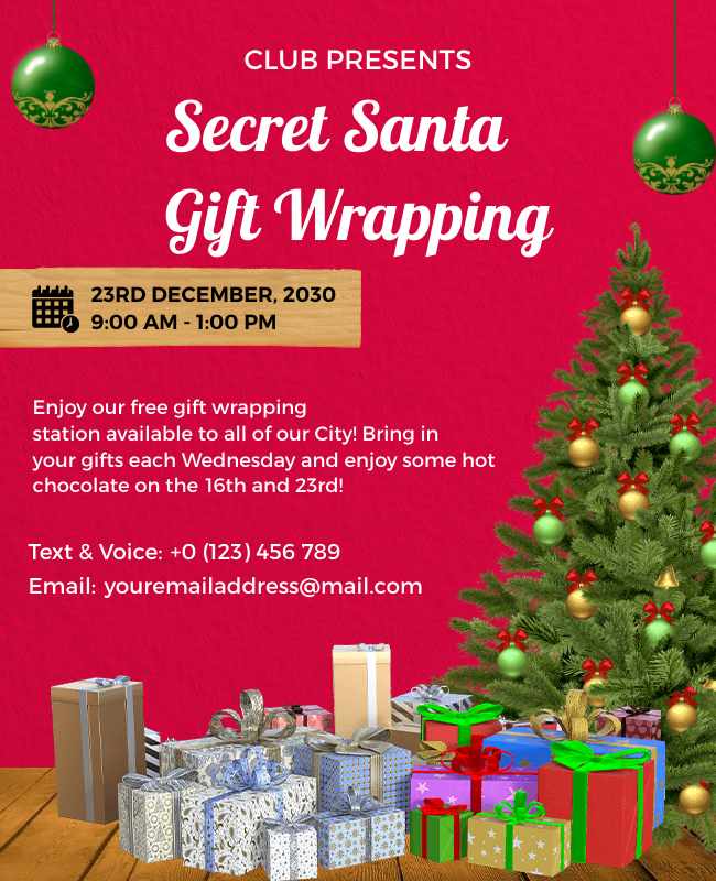 Festive flyer for a Secret Santa gift-wrapping event, featuring holiday-themed design and details