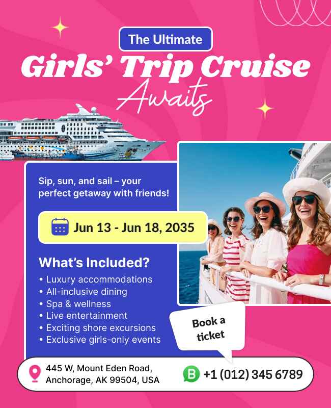 Pink girls’ trip flyer template highlighting group travel experiences.