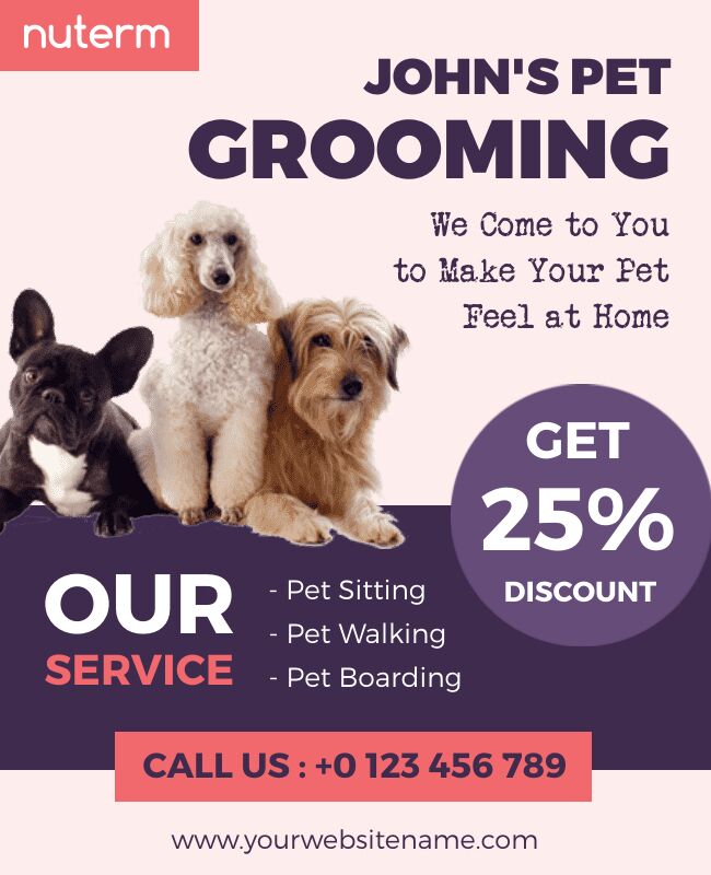 A playful pink flyer designed for pets grooming service.