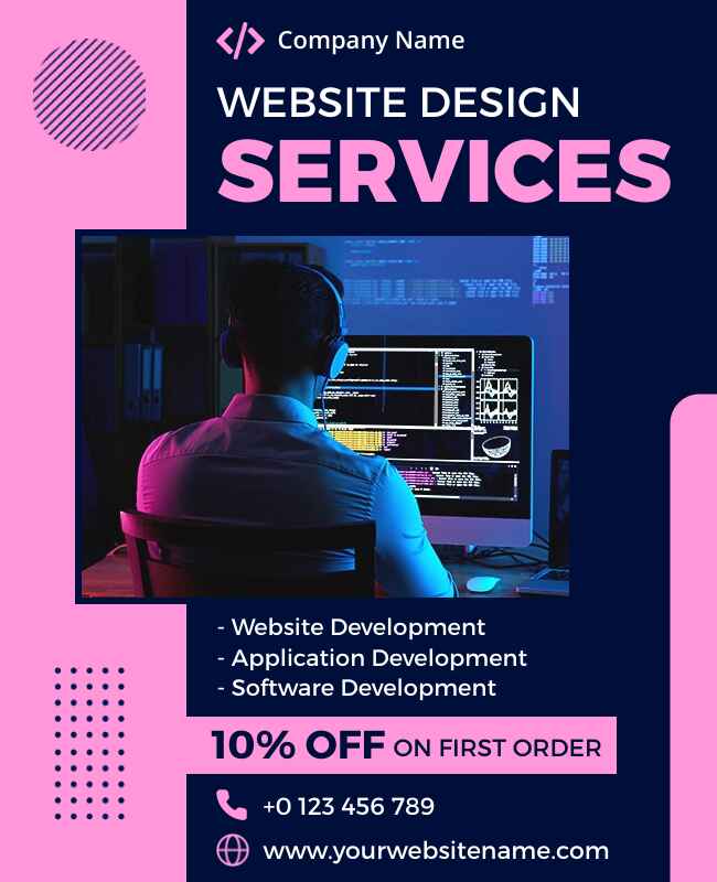 Bright pink flyer showcasing website promotions with vibrant design.