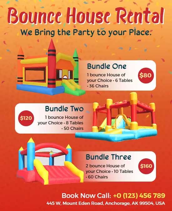 Fun and Playful Bounce House Rental Party Flyer With Bright Colors And Exciting Graphics