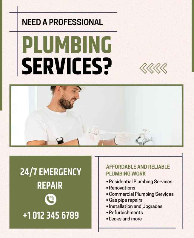 Bold flyer showcasing plumbing services and contact info.