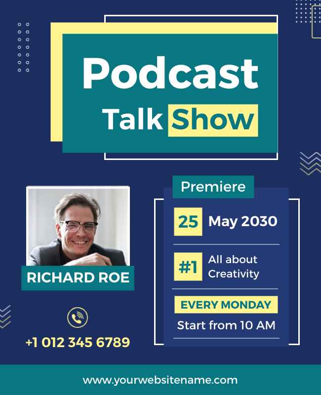 Minimalist podcast talk show flyer with clean layout and microphone icon.