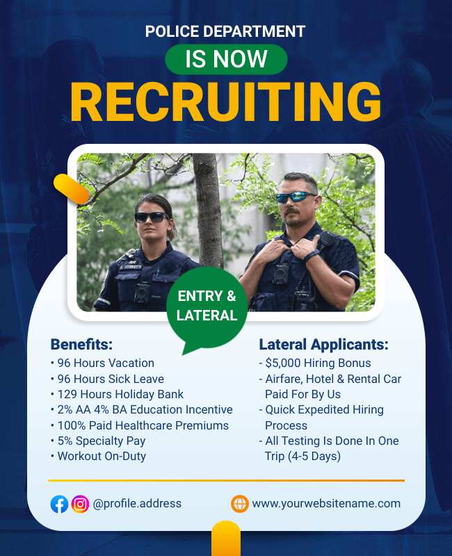 Standard police recruitment flyer emphasizing the benefits of joining the force.