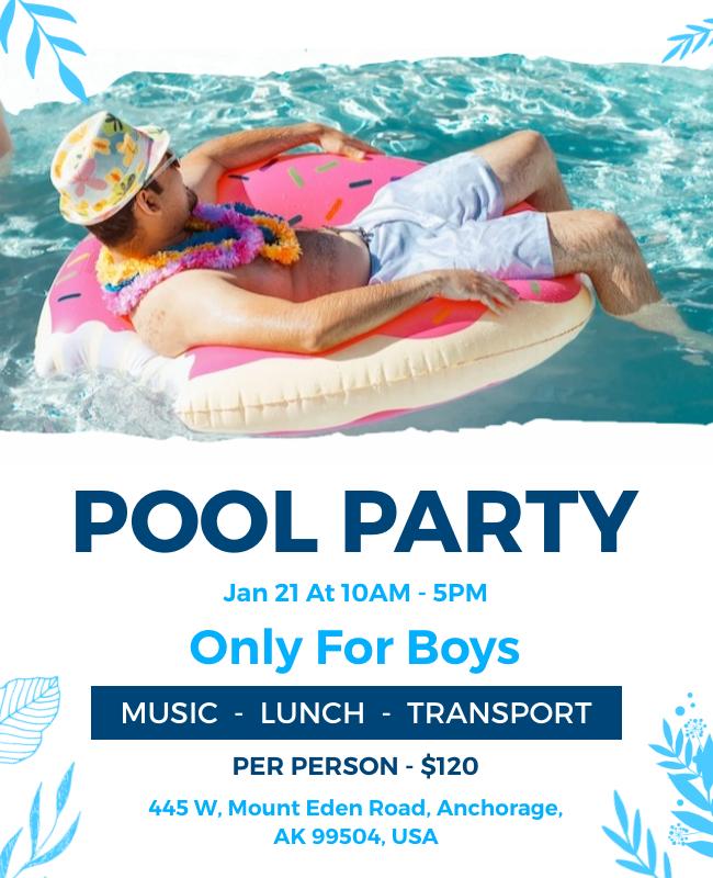 Serene pool party flyer with lounge chairs, calming blues, and pastel tones for a relaxing atmosphere