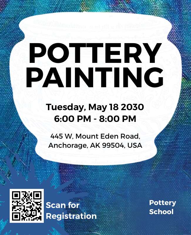 Soft, clay-textured painting flyer for pottery classes with playful illustrations, highlighting painting techniques