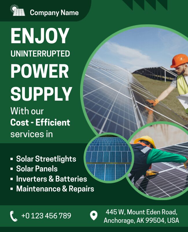 Flyer detailing solar power supply systems for homes.