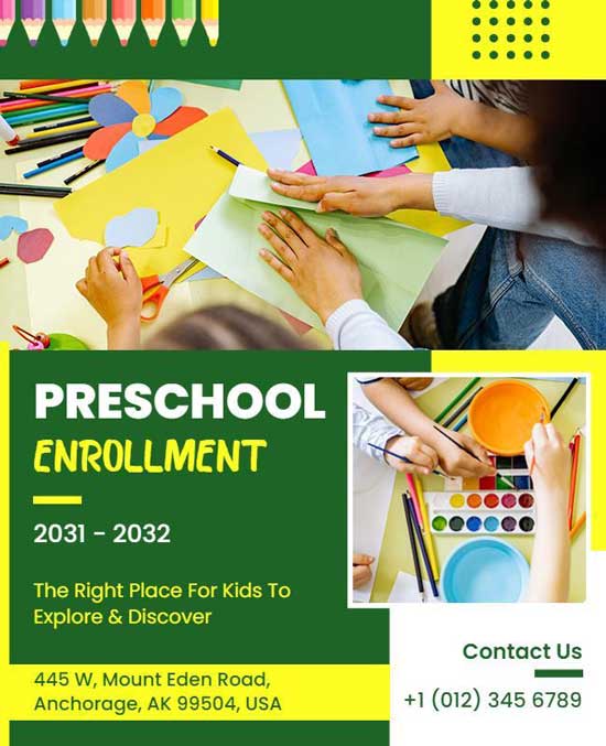 Preschool Enrollment Flyer Featuring Clear Design and Enrollment Details