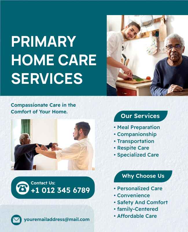 Primary home care flyer showing compassionate caregiving in a home setting.