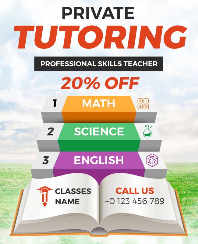 A professional Tutorial Flyer promoting private tutoring services with key details and a clean design