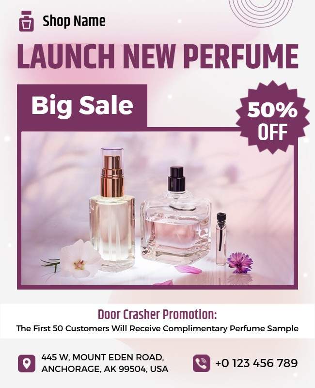 Launch new perfume flyer showcasing elegant bottle design and enticing fragrance highlights