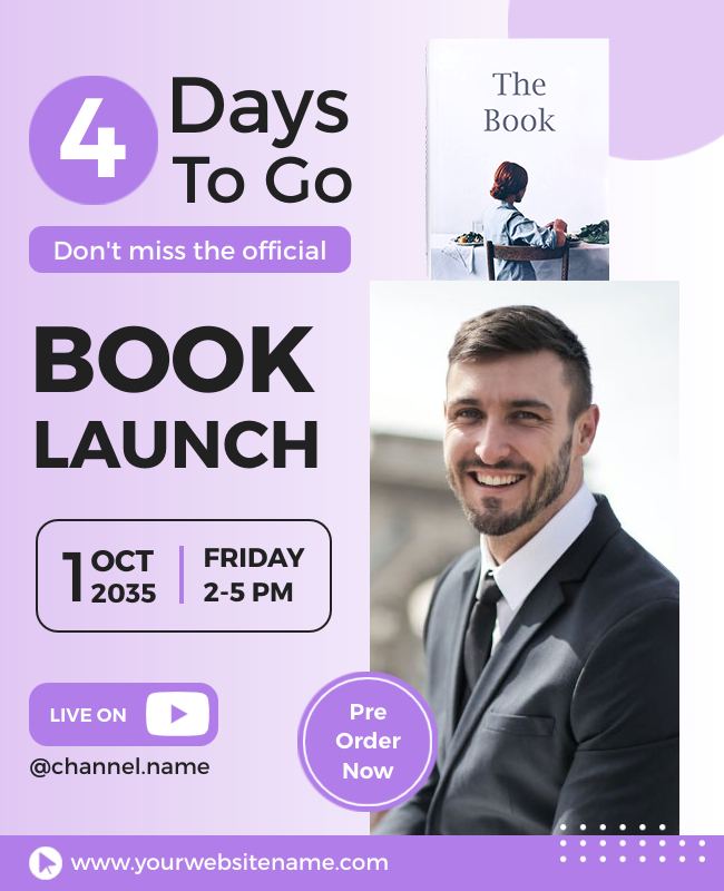 Promotional flyer with key information on the book release and event date.